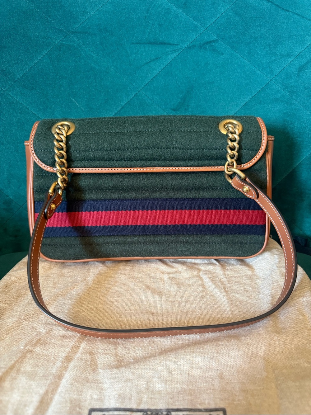 Gucci Navy Red Green Stripe GG Shoulder Bag with Tan Trim - Picture 3 of 16